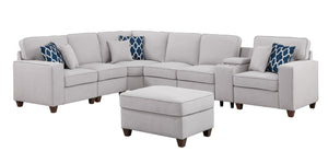 English Elm Sam Light Gray Sectional Sofa with Ottoman, Linen Upholstery, USB Cupholder Console, Removable Cushions B102S00032