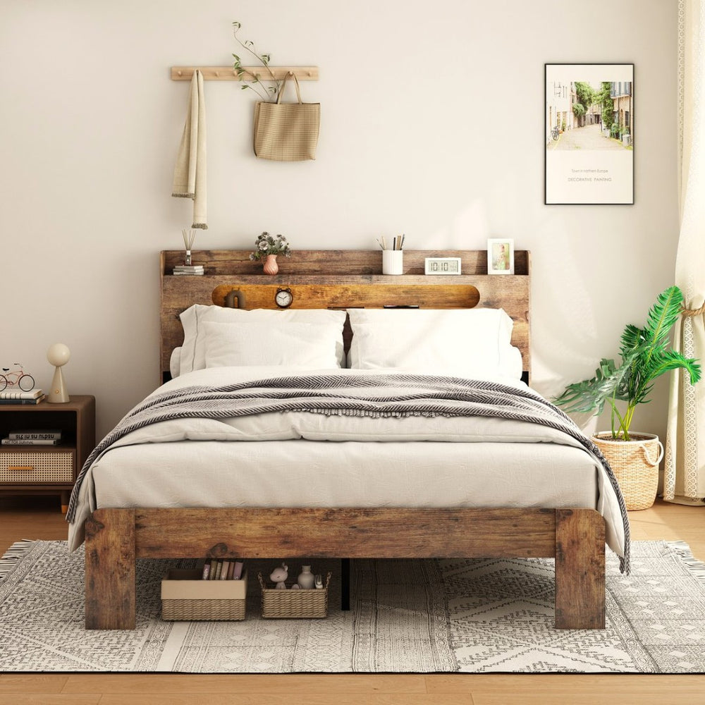 English Elm Bed Frame Full Platform with Led Headboard Usb Charging Wood Slats Under Storage W636131366