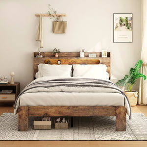 English Elm Bed Frame Full Platform with Led Headboard Usb Charging Wood Slats Under Storage W636131366
