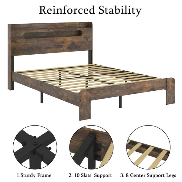 English Elm Bed Queen Platform Frame Wood Headboard Led Lighting Usb Charging Under Storage W636131367