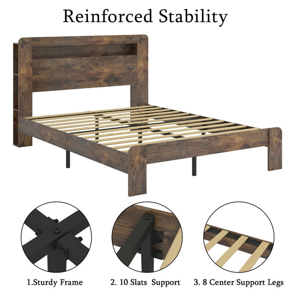 English Elm Bed Queen Platform Frame Dark Brown Wood Led Headboard Usb Charging Ports Storage W636P297020
