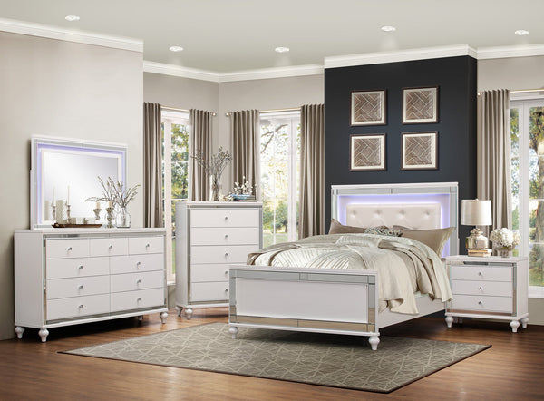 English Elm Metallic White Queen Bed with LED Backlit Tufted Headboard, Alligator Embossed Mirrors & Crystals B011S00572