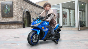 English Elm Kids 12v Electric Ride on Motorcycle with Light up Wheels Bluetooth and Training Blue W1760110297