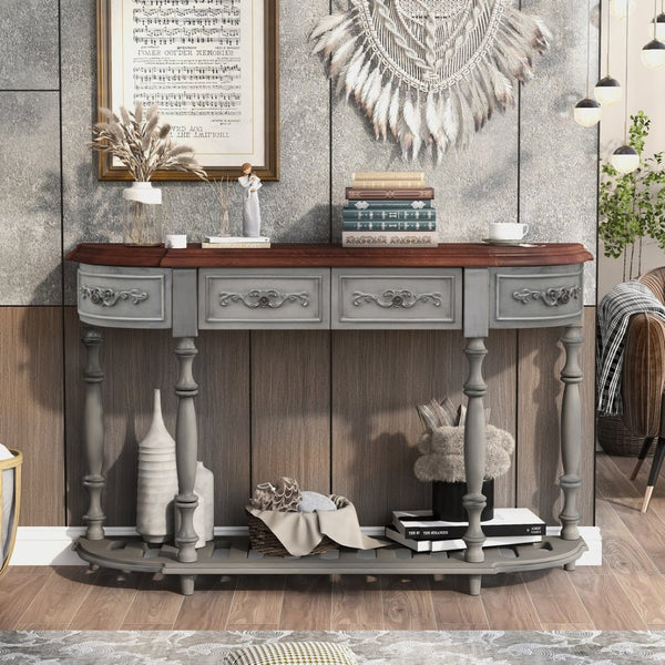 English Elm U_style Curved Console Table with Roman Legs Four Drawers Open Shelf Entryway Accent Antique Grey N711P186862E