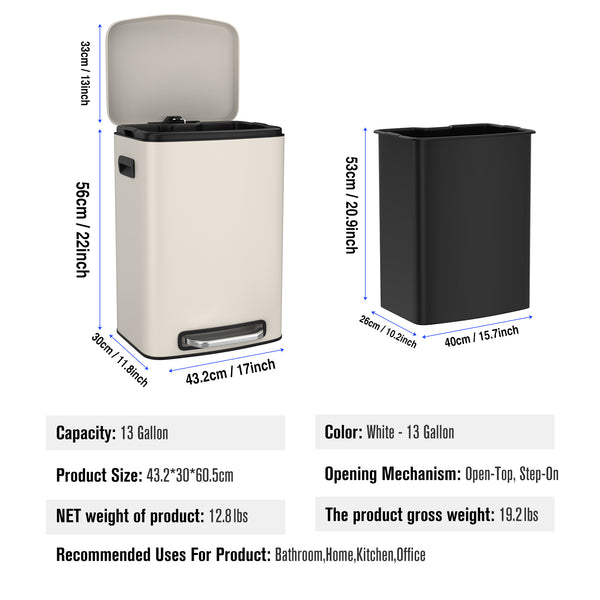 English Elm 13 13 Gallon Kitchen Foot Pedal Trash Can with Soft Close Lid, Rectangular Stainless Steel Bin for Neat Home White W1550122451