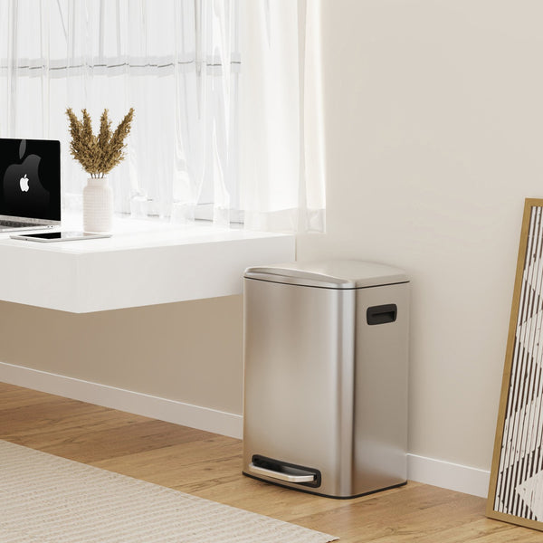 English Elm 13 13 Gallon Kitchen Foot Pedal Trash Can with Soft Close Lid, Rectangular Stainless Steel Bin for Neat Home Silver W1550122453