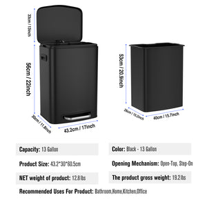 English Elm 13 13 Gallon Kitchen Foot Pedal Trash Can with Soft Close Lid, Rectangular Stainless Steel Bin for Neat Home Black W1550122450
