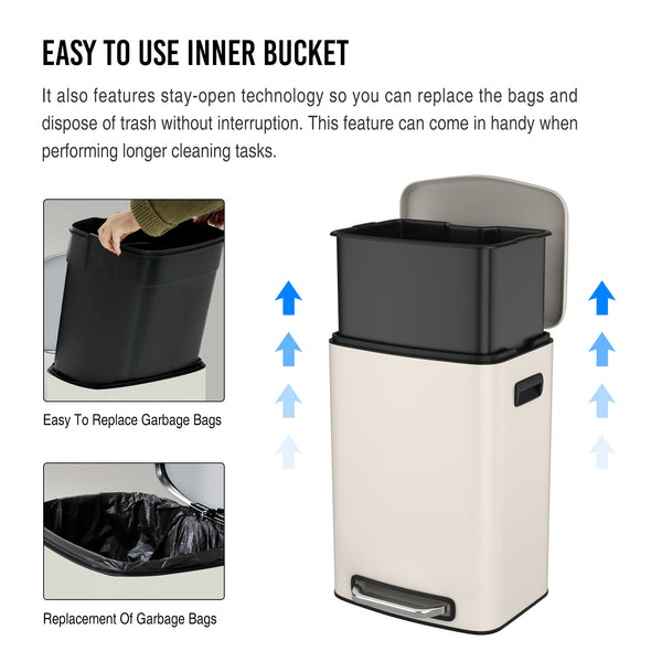 English Elm 13 13 Gallon Kitchen Foot Pedal Trash Can with Soft Close Lid, Rectangular Stainless Steel Bin for Neat Home White W1550122451
