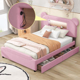 Full Size Upholstered Storage Platform Bed with Cartoon Ears Headboard, Led and Usb