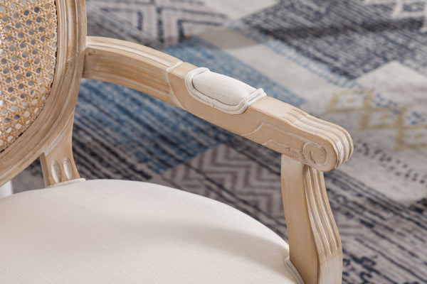 English Elm French Vintage Upholstered Dining Armchair Set of 2 with Rattan Mesh Back, Beige Fabric, Rubberwood Frame W1622113267