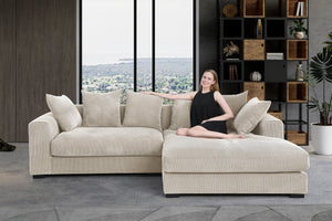 English Elm Naomi Modern 3-Piece Corduroy Sectional with Right Chaise, Loveseat Center & Six Accent Pillows Beige B102S00044