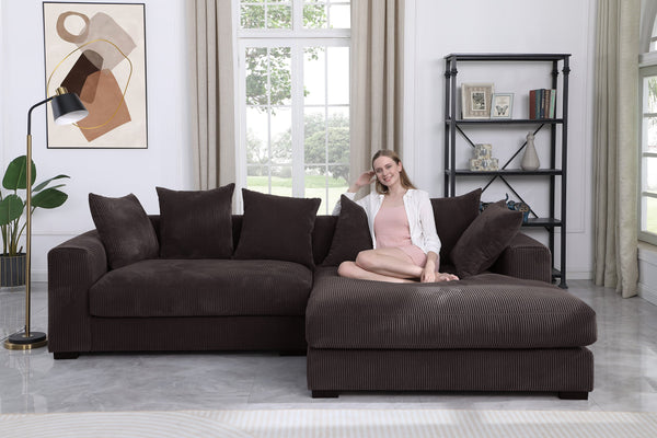 English Elm Naomi Modern 3-Piece Corduroy Sectional with Right Chaise, Loveseat Center & Six Accent Pillows Dark Brown B102S00043