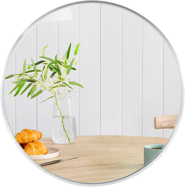 English Elm 32 Inch Round Metal Framed Bathroom Mirror 32" 4mm HD Glass Shatterproof Film Reinforced Hooks Elegant Wall Silver W2203P303268