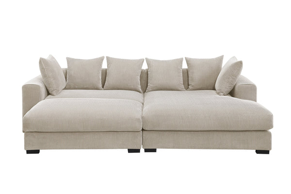 English Elm Duke Plush Corduroy 4-Piece Sectional Sofa with Ottoman, 6 Toss Pillows, Modern Black Legs Beige B102S00047