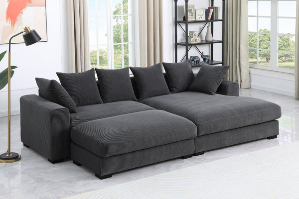 English Elm Duke Plush Corduroy 4-Piece Sectional Sofa with Ottoman, 6 Toss Pillows, Modern Black Legs Dark Gray B102S00045