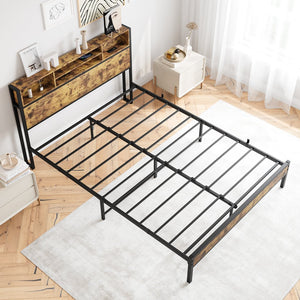 English Elm Queen Metal Platform Bed with Tall Bookcase Headboard, USB & Outlets, Rustic Industrial Storage, Noise-Free Sturdy Support W840127764