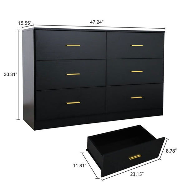 English Elm Modern Six Drawer Wide Chest Matte Hardware Bedroom Closet Organizer Storage Unit Black W1785P379410