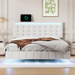 English Elm Full Size Floating Bed Frame With Led Lights and Usb Charging,Modern Upholstered Platform Led Bed Frame,White(Full)