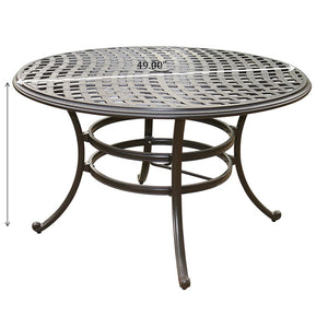 English Elm Round Dining Table Espresso Brown – Halston 49" Aluminum Patio Table for 4 with Umbrella Hole, Weather-Resistant Elegance ABQ-AHF-LD7289A-49