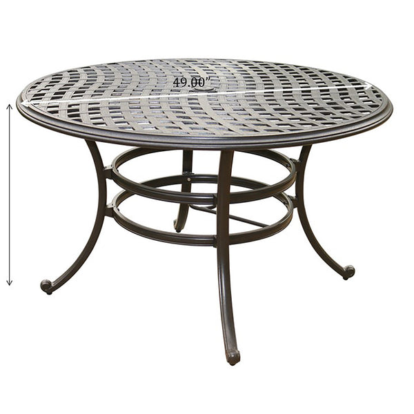 English Elm Round Dining Table Espresso Brown – Halston 49" Aluminum Patio Table for 4 with Umbrella Hole, Weather-Resistant Elegance ABQ-AHF-LD7289A-49