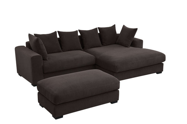 English Elm Duke Plush Corduroy 4-Piece Sectional Sofa with Ottoman, 6 Toss Pillows, Modern Black Legs Dark Brown B102S00046