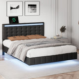 Full Size Floating Bed Frame with Led Lights and Usb Charging, Modern Upholstered Platform Led Bed Frame, Black(Full)
