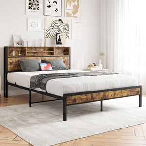 English Elm Queen Metal Platform Bed with Tall Bookcase Headboard, USB & Outlets, Rustic Industrial Storage, Noise-Free Sturdy Support W840127764