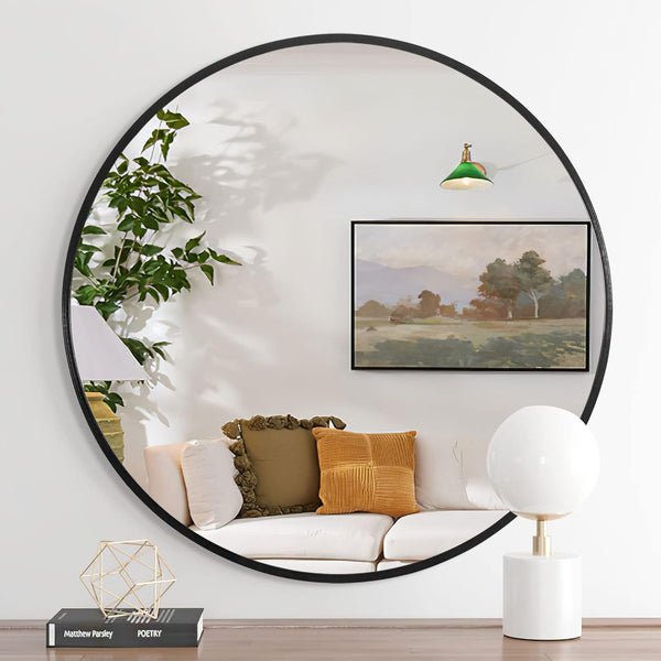 English Elm 32 Inch Round Metal Framed Bathroom Mirror 32" 4mm HD Glass Shatterproof Film Reinforced Hooks Elegant Wall Black W2203P303255