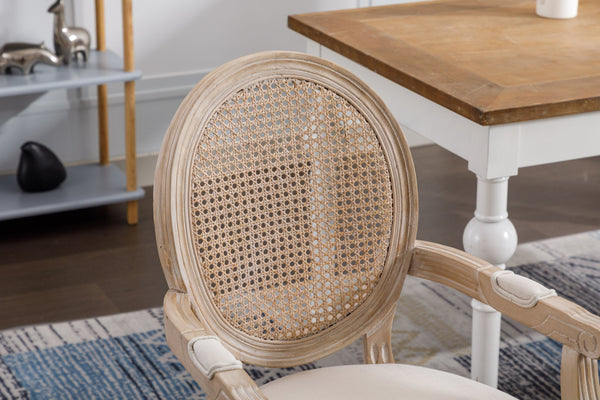 English Elm French Vintage Upholstered Dining Armchair Set of 2 with Rattan Mesh Back, Beige Fabric, Rubberwood Frame W1622113267