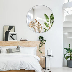 English Elm 32 Inch Round Metal Framed Bathroom Mirror 32" 4mm HD Glass Shatterproof Film Reinforced Hooks Elegant Wall Silver W2203P303268