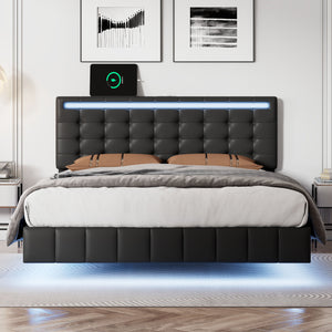 English Elm Full Size Floating Bed Frame With Led Lights and Usb Charging,Modern Upholstered Platform Led Bed Frame,Black(Full)