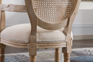 English Elm French Vintage Upholstered Dining Armchair Set of 2 with Rattan Mesh Back, Beige Fabric, Rubberwood Frame W1622113267