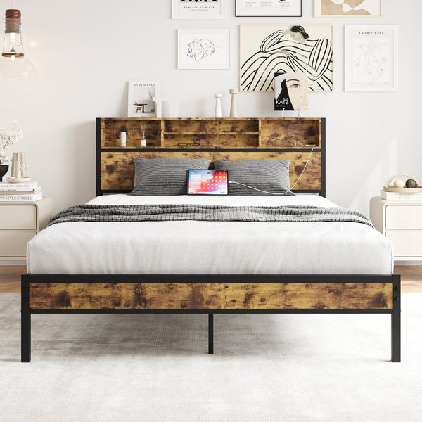 English Elm Queen Metal Platform Bed with Tall Bookcase Headboard, USB & Outlets, Rustic Industrial Storage, Noise-Free Sturdy Support W840127764