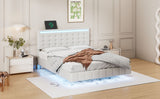 English Elm Full Size Floating Bed Frame With Led Lights and Usb Charging,Modern Upholstered Platform Led Bed Frame,White(Full)