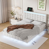 English Elm Full Size Floating Bed Frame With Led Lights and Usb Charging,Modern Upholstered Platform Led Bed Frame,White(Full)