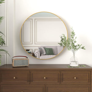 English Elm 32 Inch Round Metal Framed Bathroom Mirror 32" 4mm HD Glass Shatterproof Film Reinforced Hooks Elegant Wall Gold W2203P303259