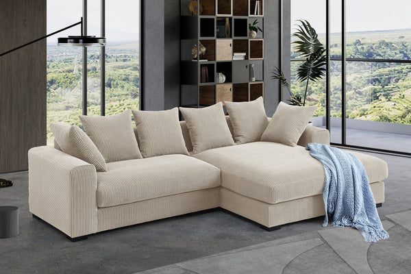 English Elm Naomi Modern 3-Piece Corduroy Sectional with Right Chaise, Loveseat Center & Six Accent Pillows Beige B102S00044