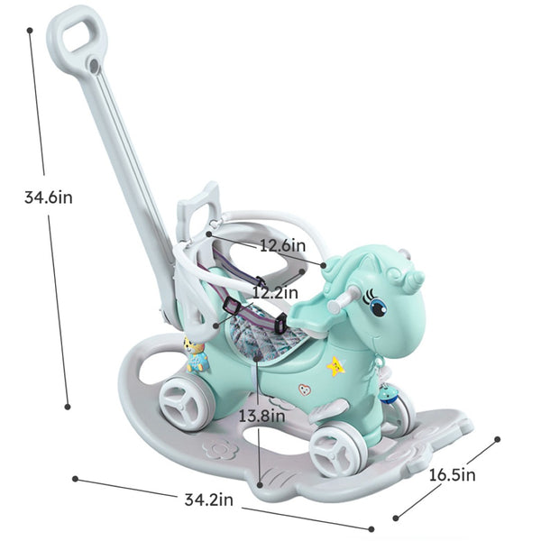 English Elm Rocking Unicorn Ride on Toy with Push Handle Balance Bike and Board for Toddlers W509125830