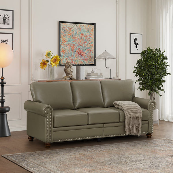 English Elm Classic Chesterfield sofa elegant faux leather 3-seater 88.5"L durable solid wood frame high weight capacity Grey W1097S00088