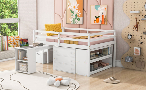 English Elm Full Size Loft Bed with Retractable Desk Stair Storage Drawers Pinewood Frame White LT100217AAK