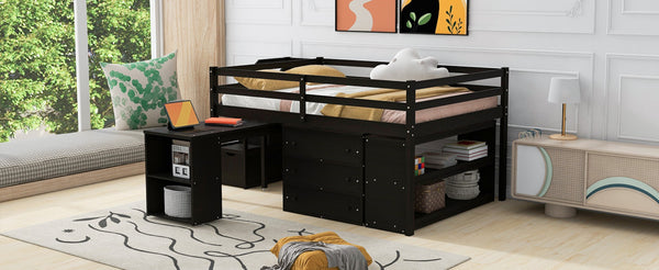 English Elm Full Size Pinewood Loft Bed with Fold Away Desk Storage Stairs and Three Drawers LT000217AAP
