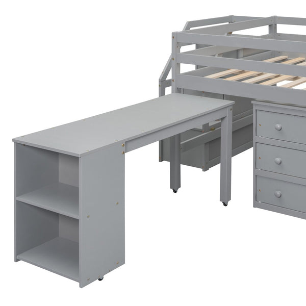 English Elm Full Size Loft Bed with Retractable Desk Stair Storage Drawers Pinewood Frame LT100217AAE