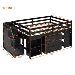 English Elm Full Size Pinewood Loft Bed with Fold Away Desk Storage Stairs and Three Drawers LT000217AAP