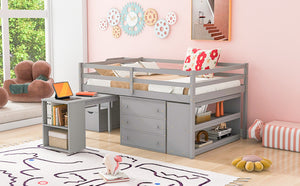 English Elm Full Size Loft Bed with Retractable Desk Stair Storage Drawers Pinewood Frame LT100217AAE