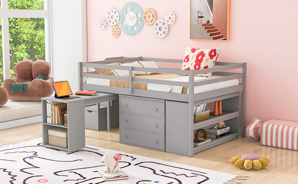 English Elm Full Size Loft Bed with Retractable Desk Stair Storage Drawers Pinewood Frame LT100217AAE