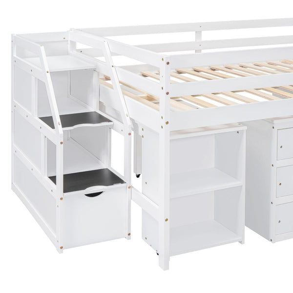 English Elm Full Size Loft Bed with Retractable Desk Stair Storage Drawers Pinewood Frame White LT100217AAK