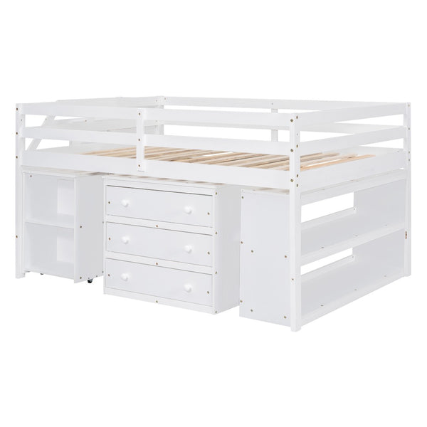 English Elm Full Size Loft Bed with Retractable Desk Stair Storage Drawers Pinewood Frame White LT100217AAK
