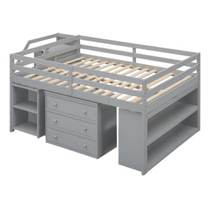 English Elm Full Size Loft Bed with Retractable Desk Stair Storage Drawers Pinewood Frame LT100217AAE