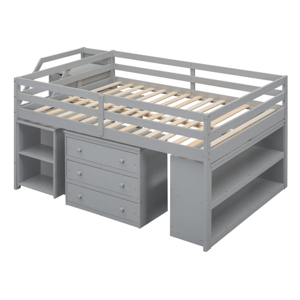 English Elm Full Size Loft Bed with Retractable Desk Stair Storage Drawers Pinewood Frame LT100217AAE