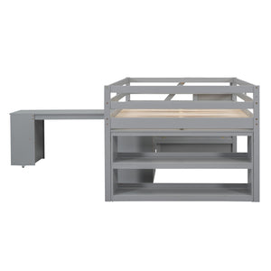 English Elm Full Size Loft Bed with Retractable Desk Stair Storage Drawers Pinewood Frame LT100217AAE